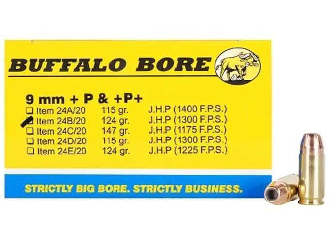 Buffalo Bore Ammunition 9mm Luger +P+ 124 Grain Jacketed Hollow Point Box of 20