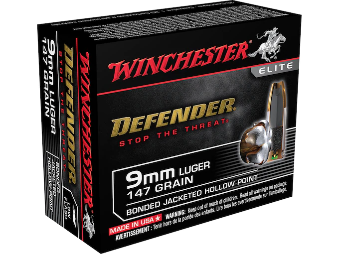 Winchester Defender Ammunition 9mm Luger 147 Grain Bonded Jacketed Hollow Point Box of 20