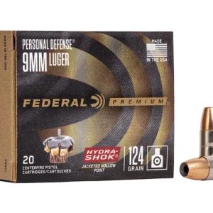 Federal Premium Personal Defense Ammunition 9mm Luger 124 Grain Hydra-Shok Jacketed Hollow Point Box of 20