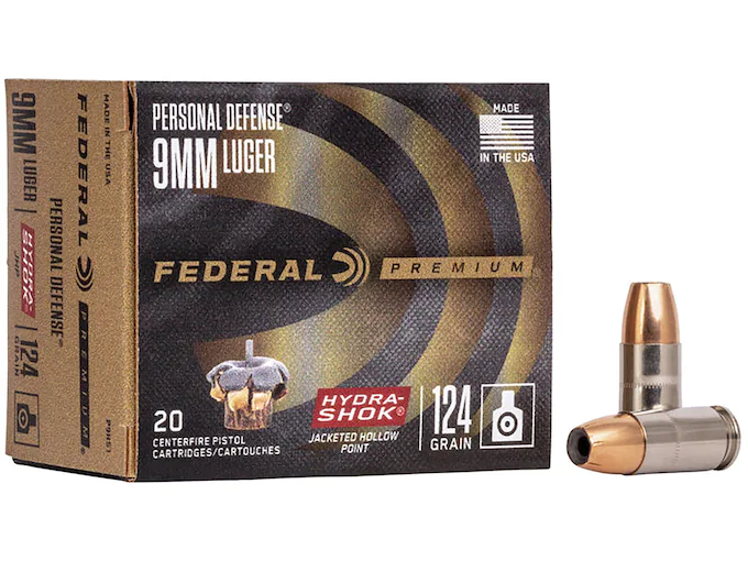Federal Premium Personal Defense Ammunition 9mm Luger 124 Grain Hydra-Shok Jacketed Hollow Point Box of 20