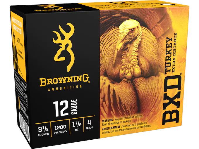 Browning BXD Extra Distance Turkey Ammunition 12 Gauge 3-1/2" 1 1-7/8 oz #4 Nickel Plated Shot Box of 10