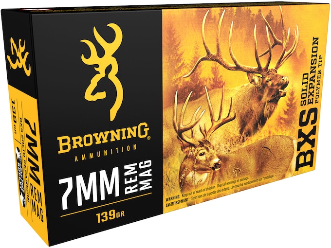 Browning BXS Solid Expansion Ammunition 7mm Remington Magnum 139 Grain Solid Copper Polymer Tip Boat Tail Lead-Free Box of 20