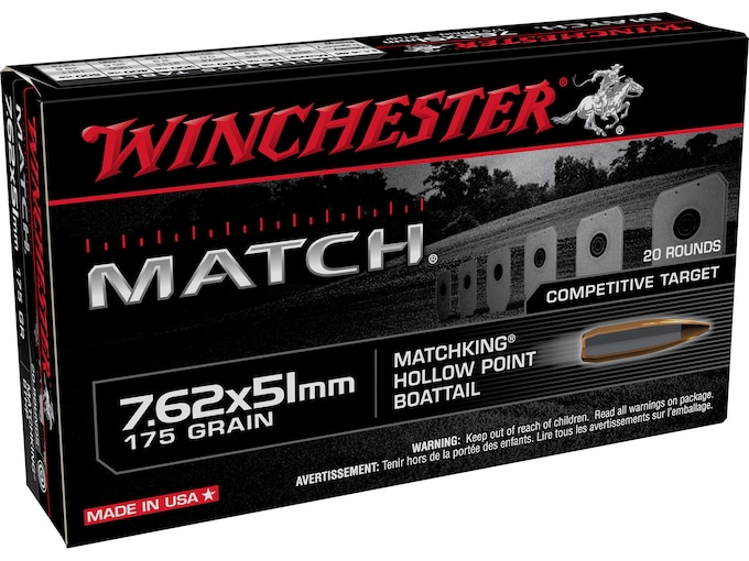 Winchester Match Ammunition 7.62x51mm NATO 175 Grain Sierra MatchKing Hollow Point Boat Tail Box of 20