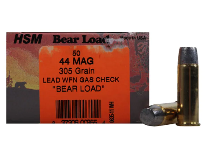 HSM Bear Ammunition 44 Remington Magnum 305 Grain Lead Wide Flat Nose Gas Check Box of 50