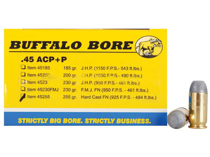 Buffalo Bore Ammunition Outdoorsman 45 ACP +P 255 Grain Hard Cast Lead Flat Nose Box of 20