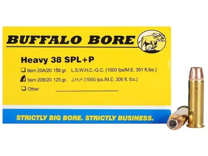 Buffalo Bore Ammunition 38 Special +P 125 Grain Jacketed Hollow Point Box of 20