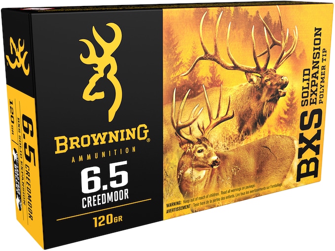 Browning BXS Solid Expansion Ammunition 6.5 Creedmoor 120 Grain Solid Copper Polymer Tip Boat Tail Lead-Free Box of 20