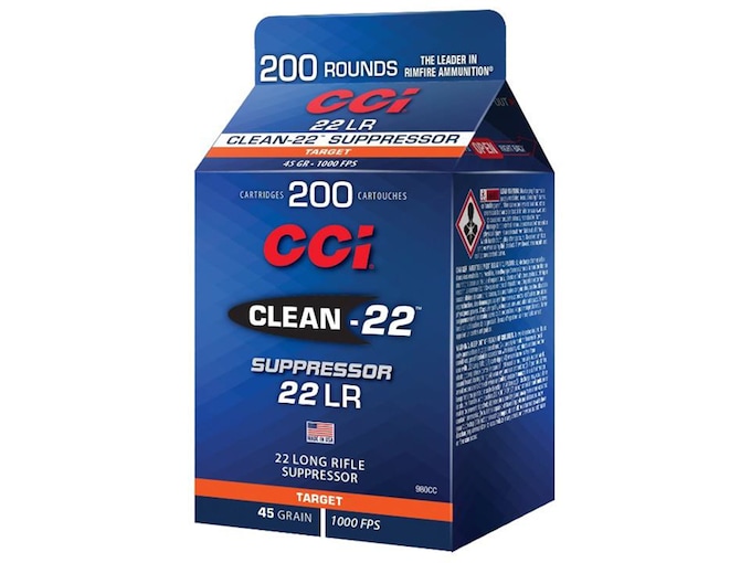 CCI Clean-22 Suppressor Ammunition 22 Long Rifle 45 Grain Black Polymer Coated Lead Round Nose Box of 200