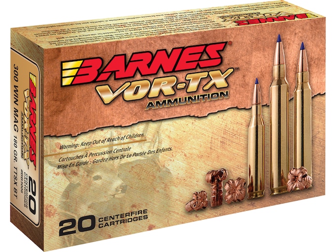 Barnes VOR-TX Ammunition 300 Winchester Magnum 180 Grain TTSX Polymer Tipped Spitzer Boat Tail Lead-Free Box of 20