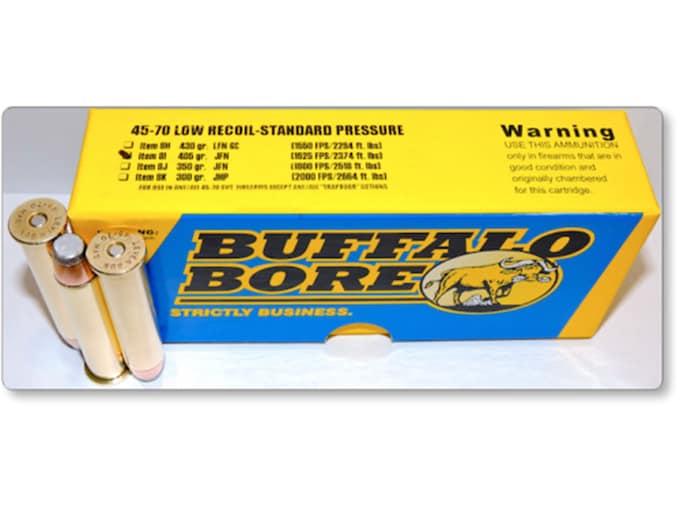 Buffalo Bore Ammunition 45-70 Government 405 Grain Jacketed Flat Nose Low Recoil Standard Pressure Full Power Box of 20
