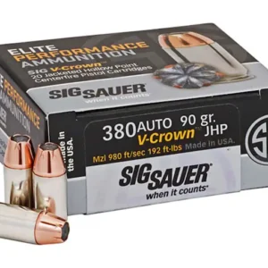 Sig Sauer Elite Performance Ammunition 380 ACP 90 Grain V-Crown Jacketed Hollow Point Box of 20
