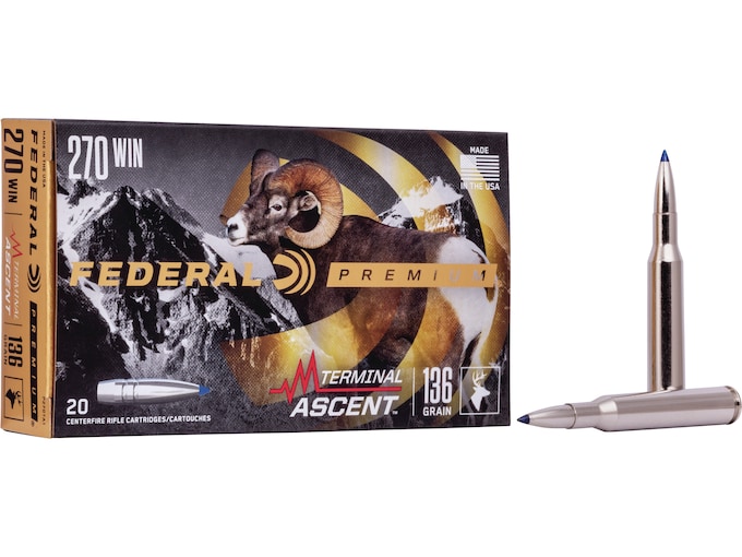 Federal Premium Terminal Ascent Ammunition 270 Winchester 136 Grain Polymer Tip Bonded Boat Tail Box of 20
