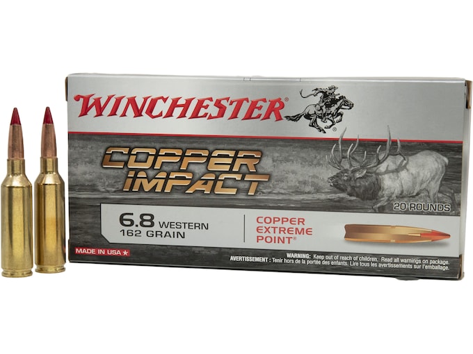 Winchester Copper Impact Ammunition 6.8 Western 162 Grain Copper Extreme Point Polymer Tip Lead-Free Box of 20