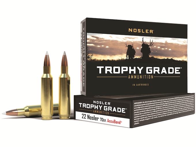 Nosler Trophy Grade Ammunition 22 Nosler 70 Grain AccuBond Box of 20
