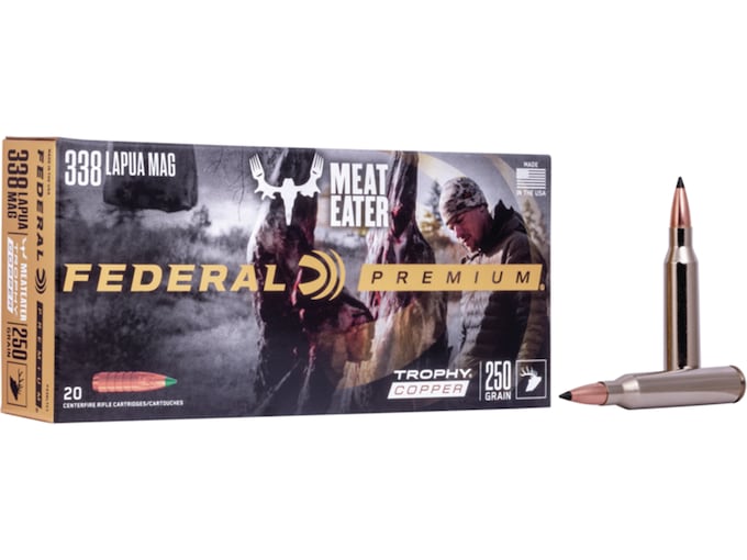 Federal Premium Meat Eater Ammunition 338 Lapua Magnum 250 Grain Trophy Copper Tipped Boat Tail Lead-Free Box of 20