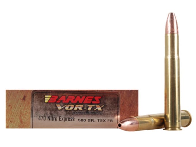 Barnes VOR-TX Safari Ammunition 470 Nitro Express 500 Grain TSX Hollow Point Flat Base Lead-Free Box of 20