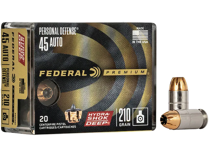 Federal Premium Personal Defense Ammunition 45 ACP 210 Grain Hydra-Shok Deep Jacketed Hollow Point Box of 20