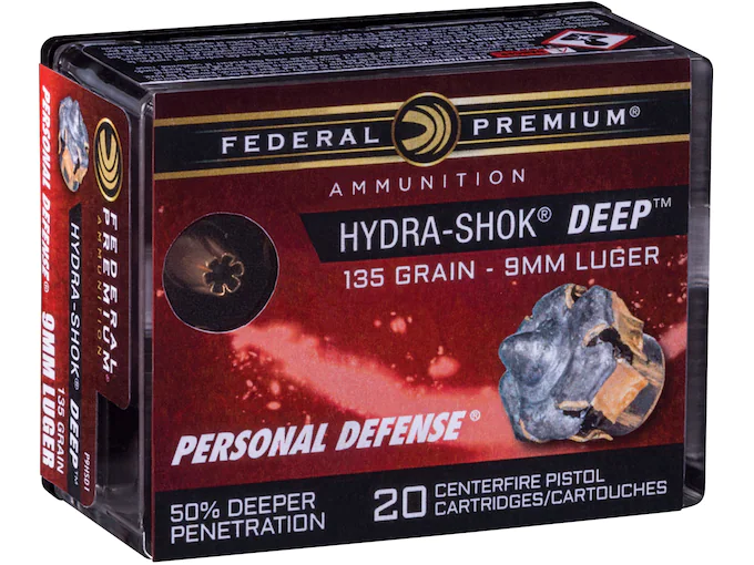 Federal Premium Personal Defense Ammunition 9mm Luger 135 Grain Hydra-Shok Deep Jacketed Hollow Point Box of 20