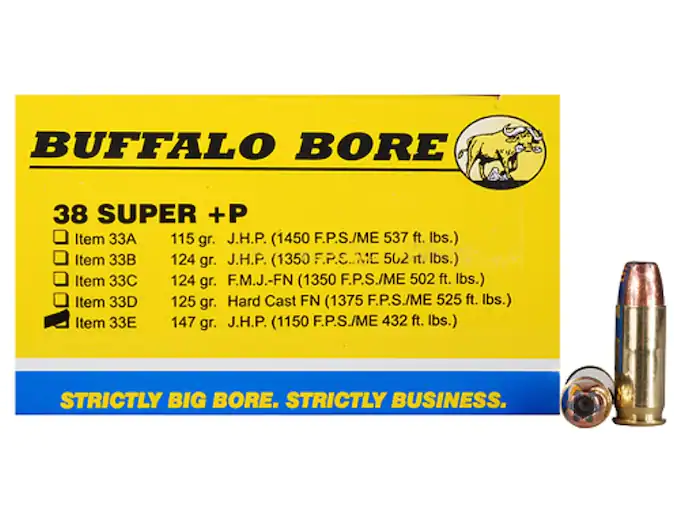 Buffalo Bore Ammunition Outdoorsman 38 Super +P 147 Grain Jacketed Hollow Point Box of 20