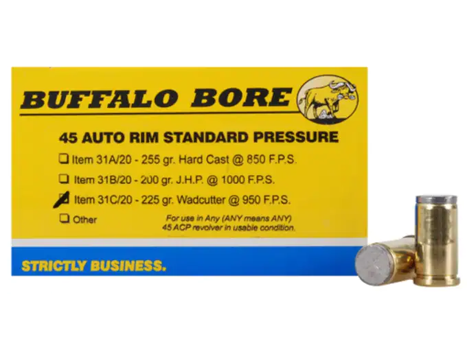 Buffalo Bore Ammunition 45 Auto Rim (Not ACP) 225 Grain Hard Cast Lead Wadcutter Box of 20