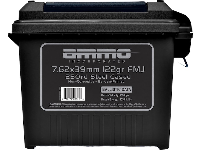 Ammo Inc. Ammunition 7.62x39mm 122 Grain Bi-Metal Full Metal Jacket Steel Case Berdan Primed Ammo Can of 250 Bulk