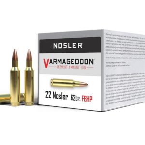 Nosler Varmageddon Ammunition 22 Nosler 62 Grain Hollow Point Flat Base Box of 50