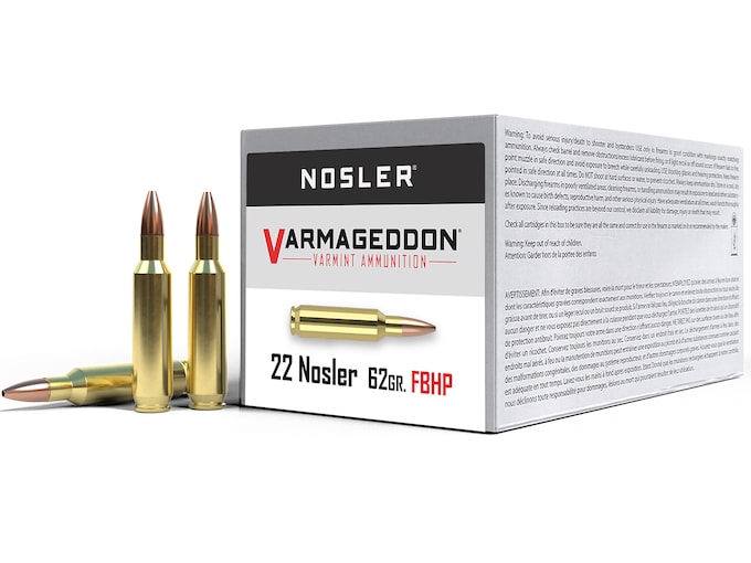 Nosler Varmageddon Ammunition 22 Nosler 62 Grain Hollow Point Flat Base Box of 50