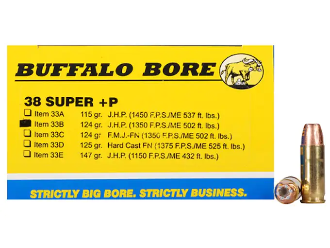 Buffalo Bore Ammunition 38 Super +P 124 Grain Jacketed Hollow Point Box of 20