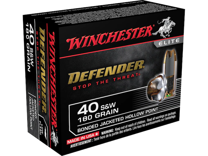 Winchester Defender Ammunition 40 S&W 180 Grain Bonded Jacketed Hollow Point Box of 20