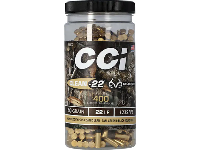 CCI Clean-22 High Velocity Realtree Edition Ammunition 22 Long Rifle 40 Grain Polymer Coated Lead Round Nose Bottle of 400 Bulk