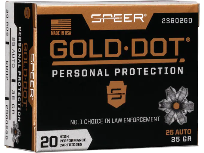 Speer Gold Dot Ammunition 25 ACP 35 Grain Jacketed Hollow Point Box of 20