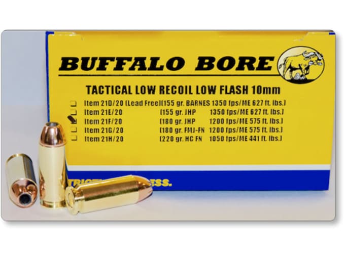 Buffalo Bore Tactical Low Recoil Ammunition 10mm Auto 180 Grain Jacketed Hollow Point Low Flash Box of 20