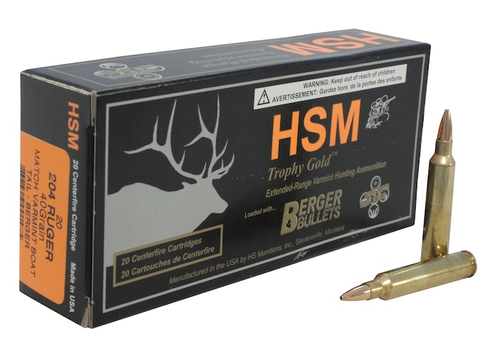 HSM Varmint Gold Ammunition 204 Ruger 40 Grain Berger Varmint Hollow Point Boat Tail Box of 20