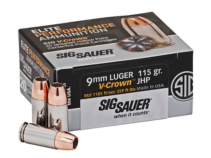 Sig Sauer Elite Performance Ammunition 9mm Luger 115 Grain V-Crown Jacketed Hollow Point Box of 20