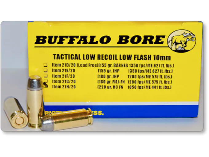 Buffalo Bore Tactical Low Recoil Ammunition 10mm Auto 220 Grain Hard Cast Lead Flat Nose Low Flash Box of 20