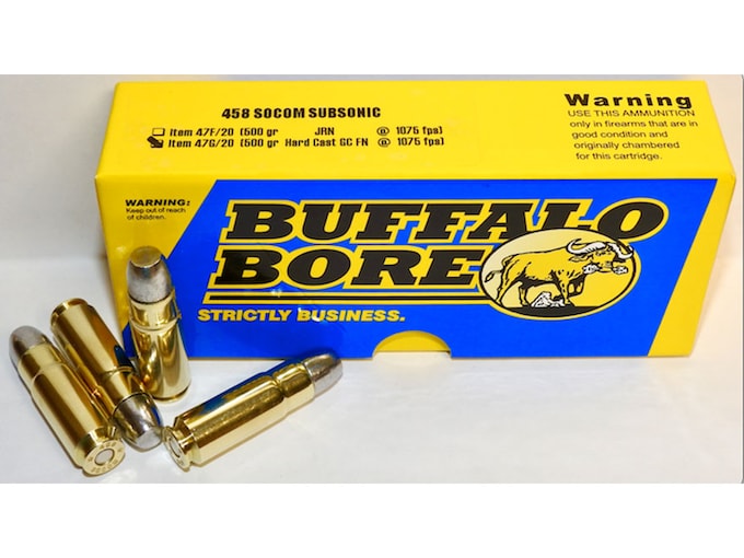 Buffalo Bore Ammunition 458 SOCOM Subsonic 500 Grain Hard Cast Lead Gas Check Flat Nose Box of 20