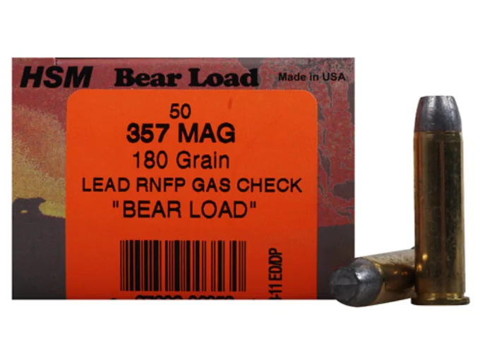 HSM Bear Ammunition 357 Magnum 180 Grain Lead Round Nose Flat Point Gas Check Box of 50