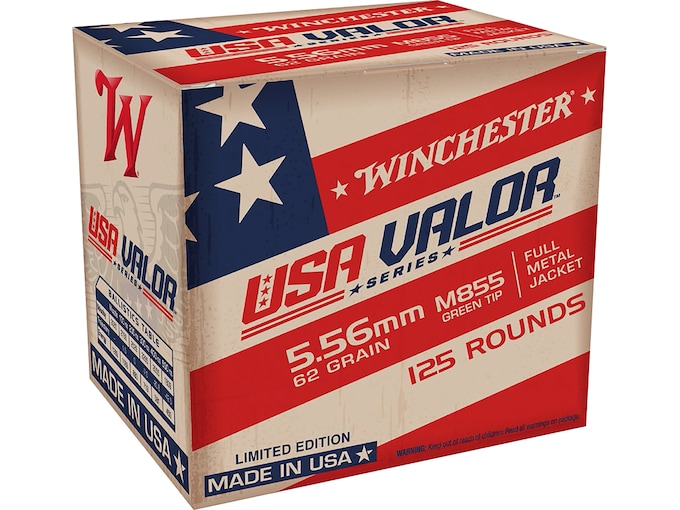 Winchester USA Valor Ammunition 5.56x45mm NATO 62 Grain M855 SS109 Penetrator Full Metal Jacket