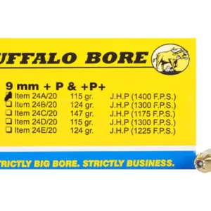Buffalo Bore Ammunition 9mm Luger +P+ 115 Grain Jacketed Hollow Point Box of 20