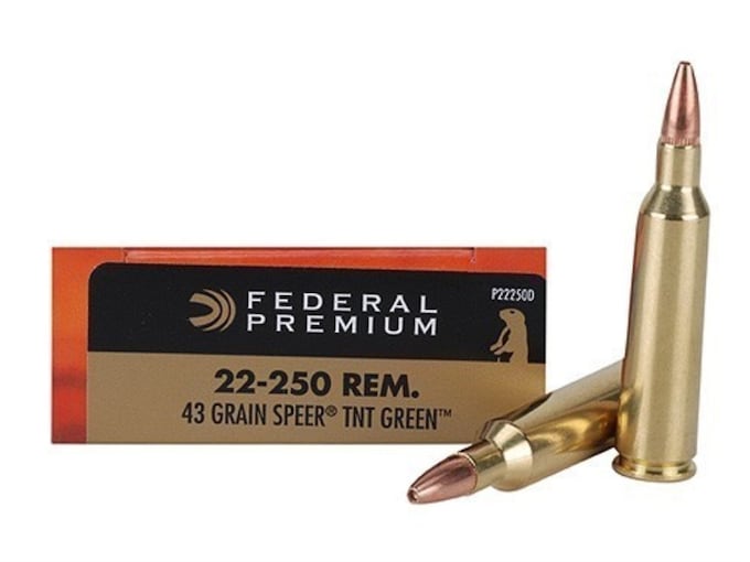 Federal Premium Varmint Ammunition 22-250 Remington 43 Grain Speer TNT Green Hollow Point Lead-Free Box of 20