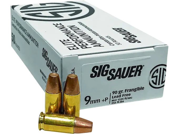 Sig Sauer Elite Performance Ammunition 9mm Luger +P 90 Grain Frangible Flat Nose Lead Free Box of 50