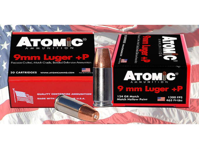 Atomic Ammunition 9mm Luger +P 124 Grain Bonded Jacketed Hollow Point