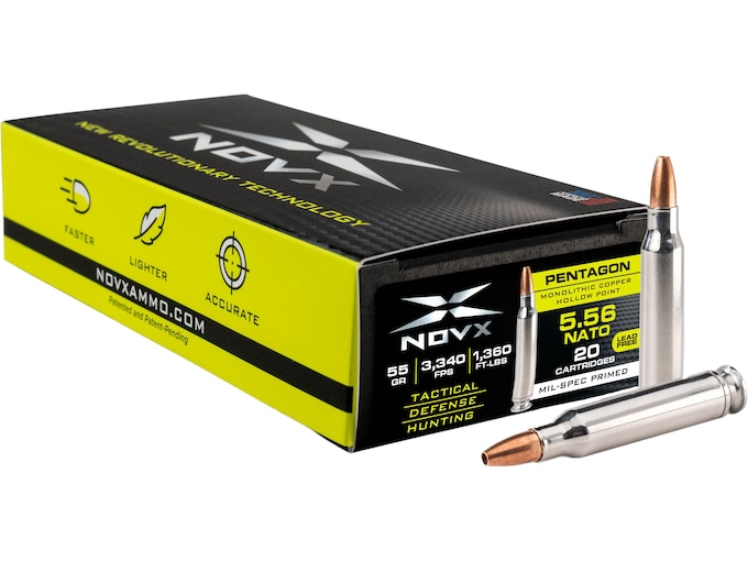 NovX Pentagon Ammunition 5.56x45mm NATO 55 Grain Copper Hollow Point Lead Free Box of 20