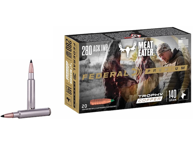Federal Premium Meat Eater Ammunition 280 Ackley Improved 140 Grain Trophy Copper Tipped Boat Tail Lead-Free Box of 20