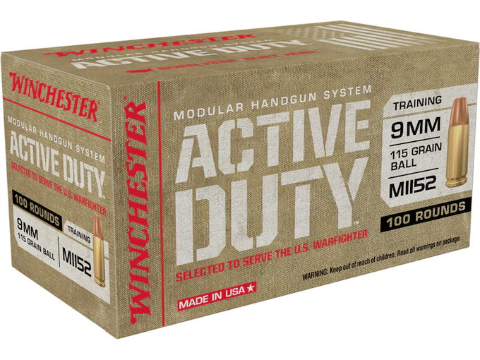 Winchester Active Duty MHS Ammunition 9mm M1152 115 Grain Full Metal Jacket Flat Nose