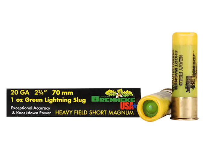 Brenneke USA Green Lightning Heavy Field Short Magnum Ammunition 20 Gauge 2-3/4" 1 oz Lead Rifled Slug Box of 5