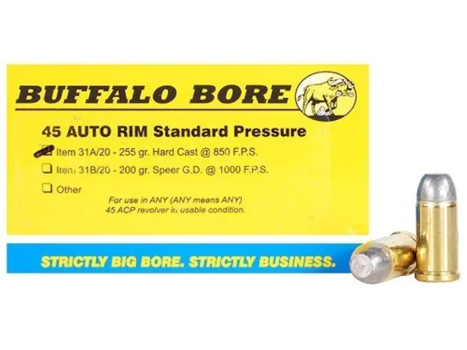 Buffalo Bore Ammunition 45 Auto Rim (Not ACP) 255 Grain Hard Cast Lead Flat Nose Box of 20