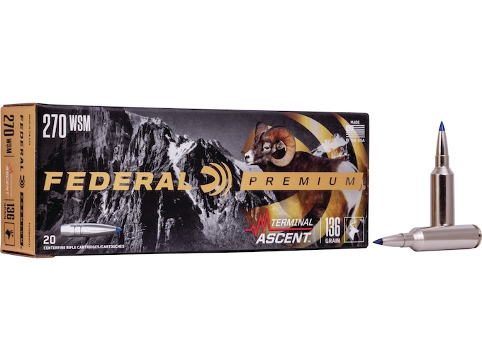 Federal Premium Terminal Ascent Ammunition 270 Winchester Short Magnum (WSM) 136 Grain Polymer Tip Bonded Boat Tail Box of 20
