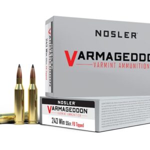 Nosler Varmageddon Ammunition 243 Winchester 55 Grain Polymer Tip Flat Base Box of 20