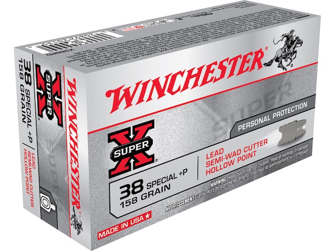 Winchester Super-X Ammunition 38 Special +P 158 Grain Lead Hollow Point Semi-Wadcutter Box of 50